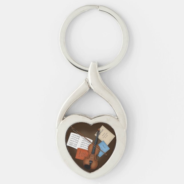 Viola & Bow on Pile of Music Books Keychain (Front)