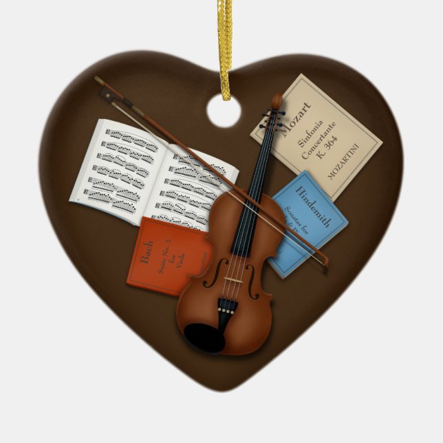 Viola & Bow on Pile of Music Books Personalized Ceramic Ornament (Front)