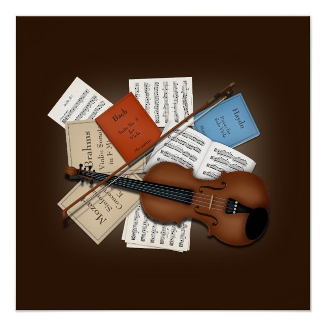 Viola & Bow With Books & Sheet Music Customizable Poster (Front)