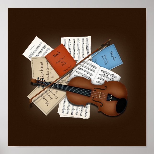 Viola & Bow With Books & Sheet Music Customizable Poster (Front)