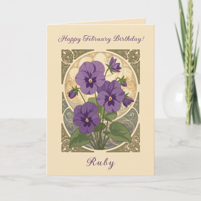 Viola February Birthday Flowers Art Nouveau Style Card (Front)