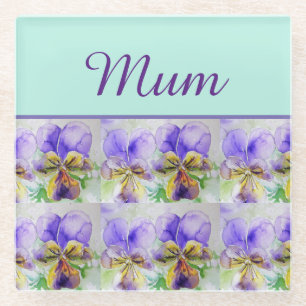Viola Flower Aqua Stripe floral Mum Mothers Day Glass Coaster