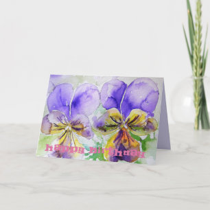 Violas violet Pansy Watercolor art Carte d'anniver