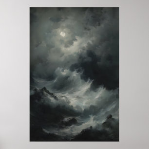 Violent Ocean Waves Full Moon Gothic Seascape Wall Poster