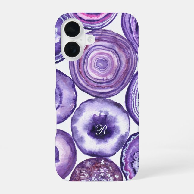 Violet agate pattern monogram iPhone 16 case (Back)