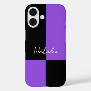 Violet and Black Color Block Minimal Personalized iPhone 16 Case