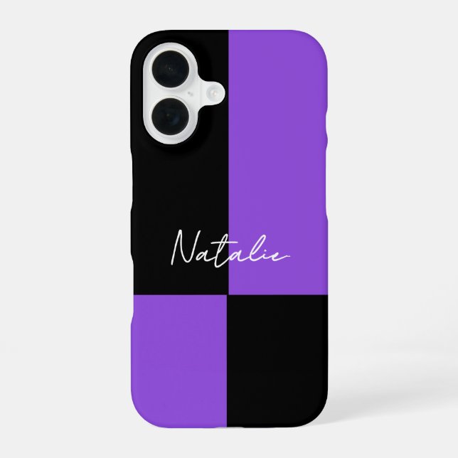 Violet and Black Colour Block Minimal Personalized iPhone 16 Case (Back)