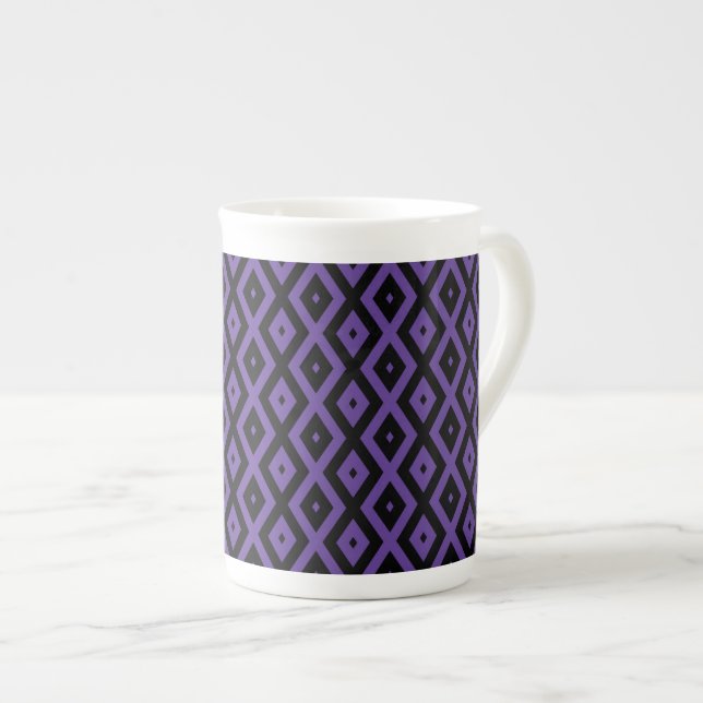 Violet and black diamond pattern bone china mug (Front Right)