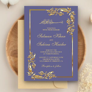 Violet and Gold Floral Border Islamic Wedding Invitation
