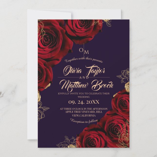 Violet and gold ⎮ Red Rose Flower Wedding Invitation (Front)