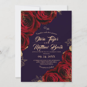 Violet and gold ⎮ Red Rose Flower Wedding Invitation