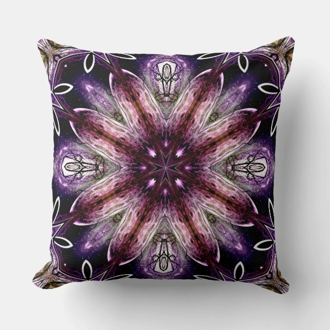Violet and Magenta Cosmic Flower Kaleidoscope Throw Pillow (Front)
