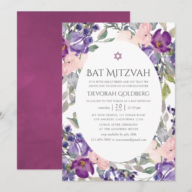 Violet and Plum Floral Bat Mitzvah Invitation (Front/Back)