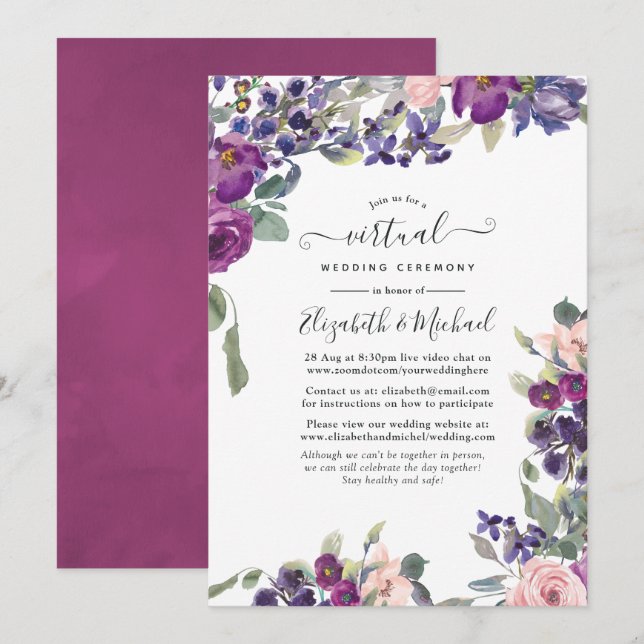 Violet and Plum Floral Online Virtual Wedding Invitation (Front/Back)