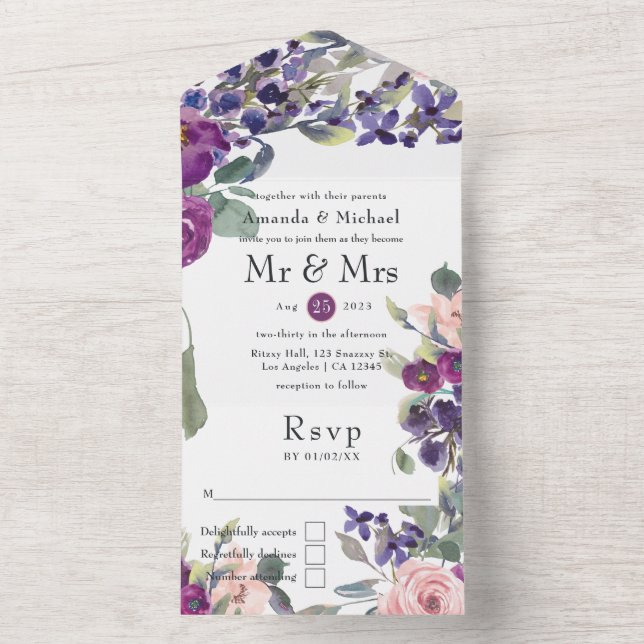 Violet and Plum Floral Wedding All In One Invitation (Inside)