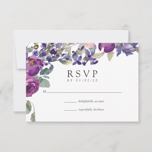 Violet and Plum Floral Wedding RSVP Card (Front)