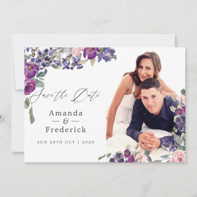 Violet and Plum Floral Wedding Save The Date (Front)