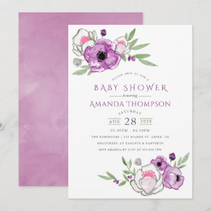 Violet and Sage Watercolor Floral Baby Shower Invitation