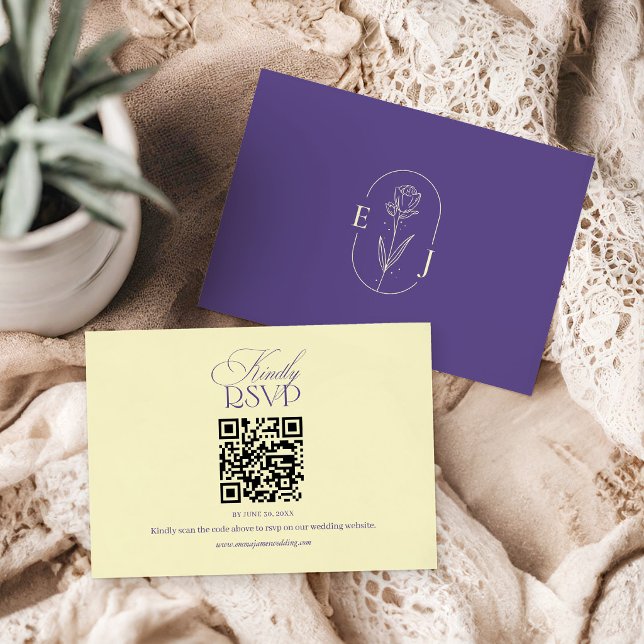 Violet and Yellow Minimalist Wedding QR Code RSVP Card (Creator Uploaded)