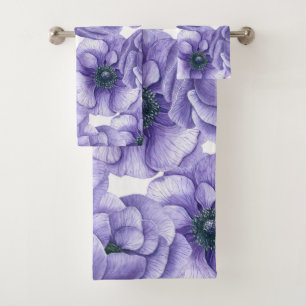 Violet anemone flowers watercolor pattern bath towel set