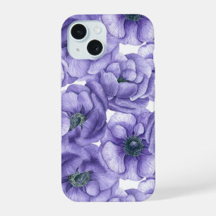 Violet anemone flowers watercolor pattern iPhone 15 case