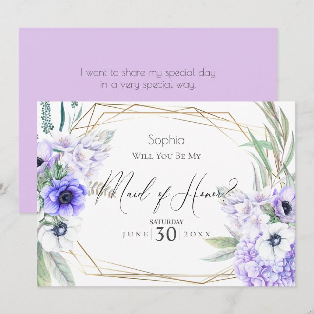 Violet Anemones Will You Be My Maid of Honour Invitation (Front/Back)