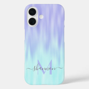 Violet Aqua Blue Pastel Ombre Chic Script Monogram iPhone 16 Case