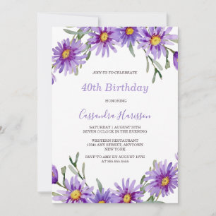 Violet Aster Floral Botanical Birthday Invitation