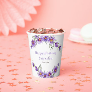 Violet Aster Floral Botanical Birthday Paper Cups