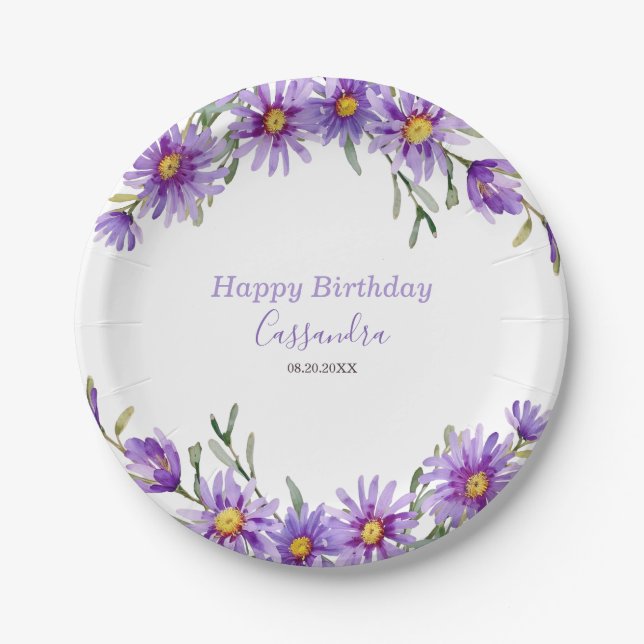 Violet Aster Floral Botanical Birthday Paper Plate (Front)