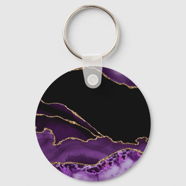 Violet Black Marble Agate Dark Glamour Golden Keychain (Front)