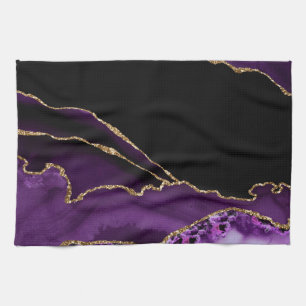 Violet Black Marble Agate Dark Glamour Golden Kitchen Towel