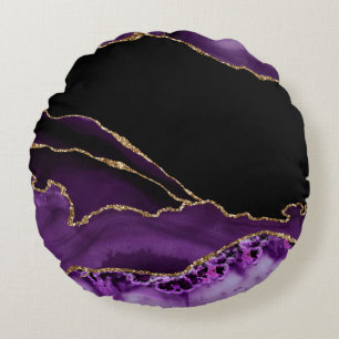 Violet Black Marble Agate Dark Glamour Golden Round Pillow
