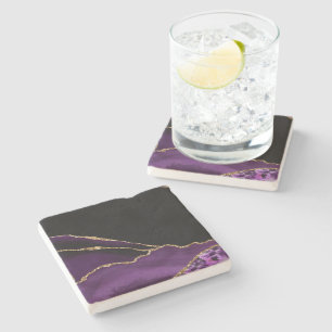 Violet Black Marble Agate Dark Glamour Golden Stone Coaster