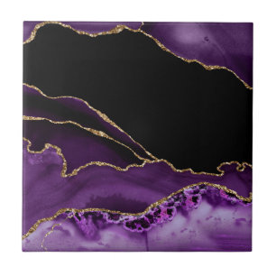 Violet Black Marble Agate Dark Glamour Golden Tile