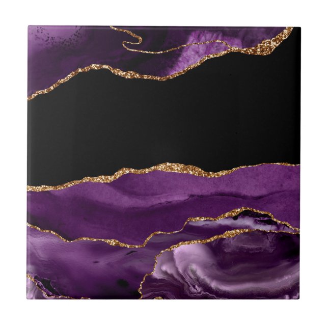 Violet Black Marble Agate Glam Golden Glitter Tile (Front)