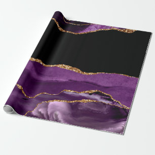 Violet Black Marble Agate Glam Golden Glitter Wrapping Paper