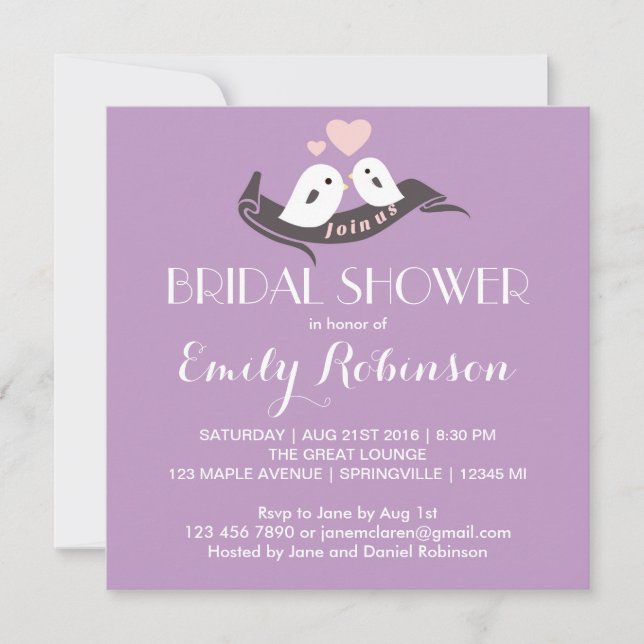 Violet blanc Lovebirds Invitation de la douche nup (Devant)