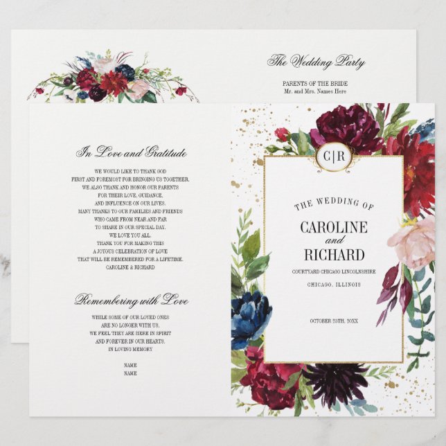 Violet | Bleu | Programme de mariage floral rouge (Devant / Derrière)