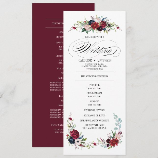 Violet | Bleu | Programme de mariage floral rouge (Devant / Derrière)