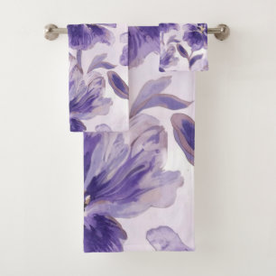Violet Blooms Watercolor Purple Flowers Painted Bath Towel Set