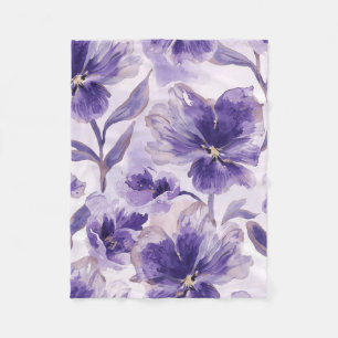 Violet Blooms Watercolor Purple Flowers Painted Fleece Blanket