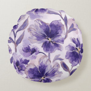 Violet Blooms Watercolor Purple Flowers Painted Round Pillow