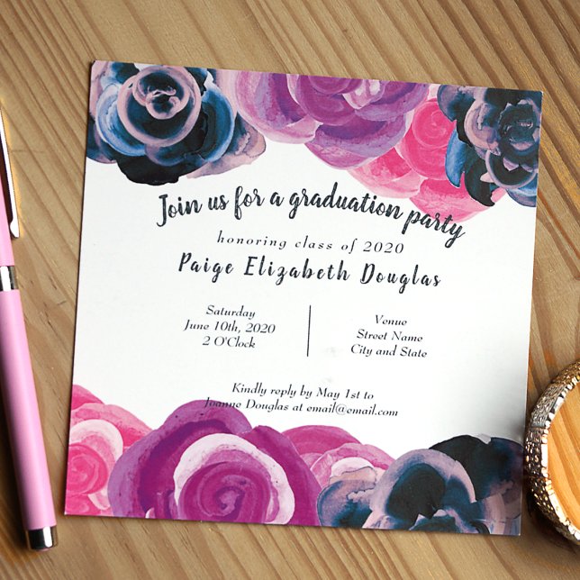 Violet, Blue Botanical Roses Graduation Party Invitation (Violet, pink, blue big roses botanical graduation party invitation)