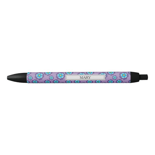 Violet Blue Flowers Pattern Personalize Black Ink Pen (Front)