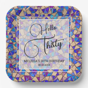 Violet Blue Mosaic Hello Thirty 30th Birthday Paper Plate