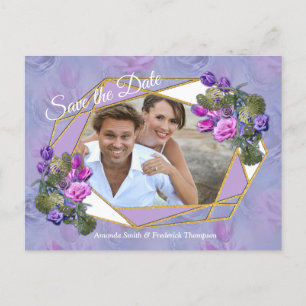 Violet-blue Watercolor Roses & Tulips with Gold c Announcement Postcard