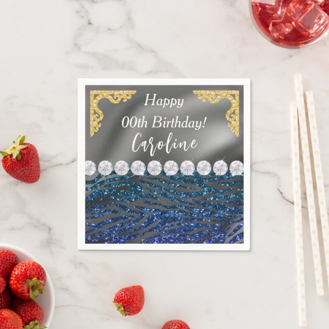 Violet Blue Zebra Print Glitter Birthday Napkin (Insitu)
