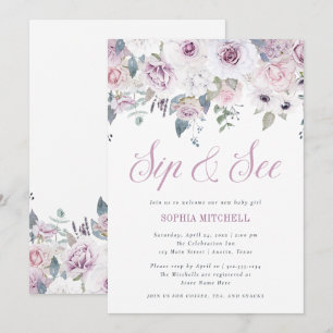 Violet Blush   Floral Baby Shower Sip and See Invitation