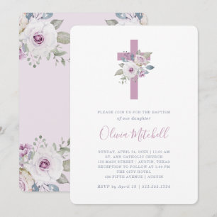 Violet Blush Floral Baptism with Cross Invitation